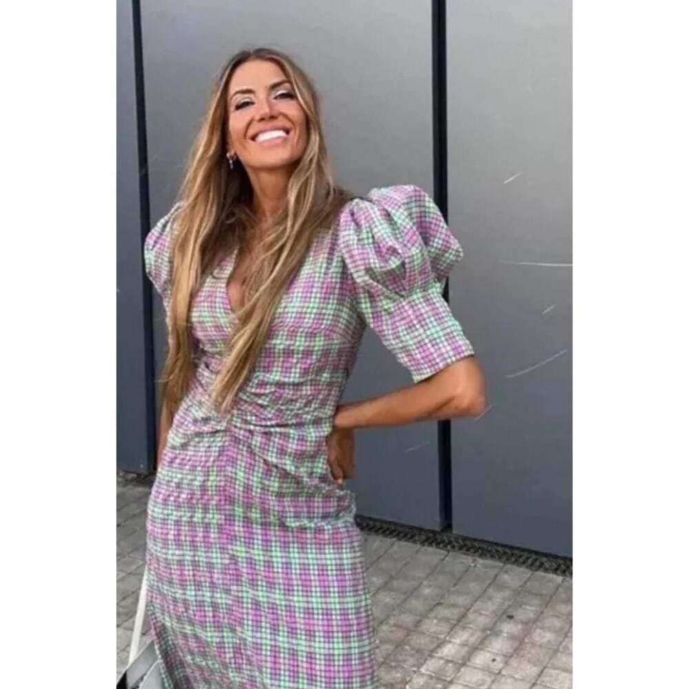 Zara Puff Sleeve Crinkle Check Print Midi Dress Women’s Small
